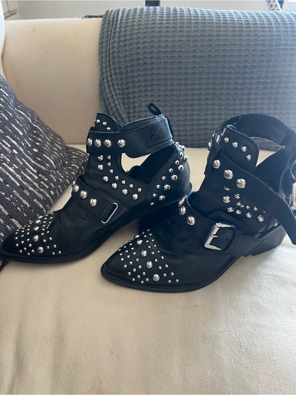 Black Studded Ankle Boots with Buckle Strap - Picture 2 of 13